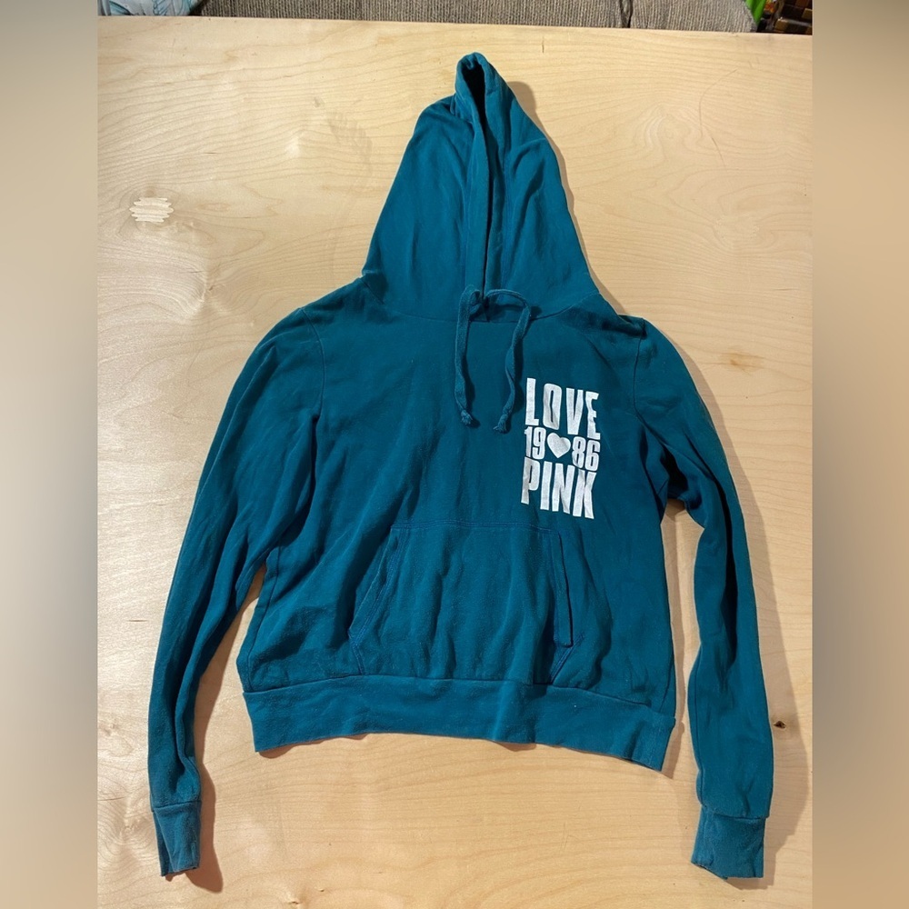 PINK Victoria's Secret Teal Hoodie with Love 1986 Graphic Large (ER)